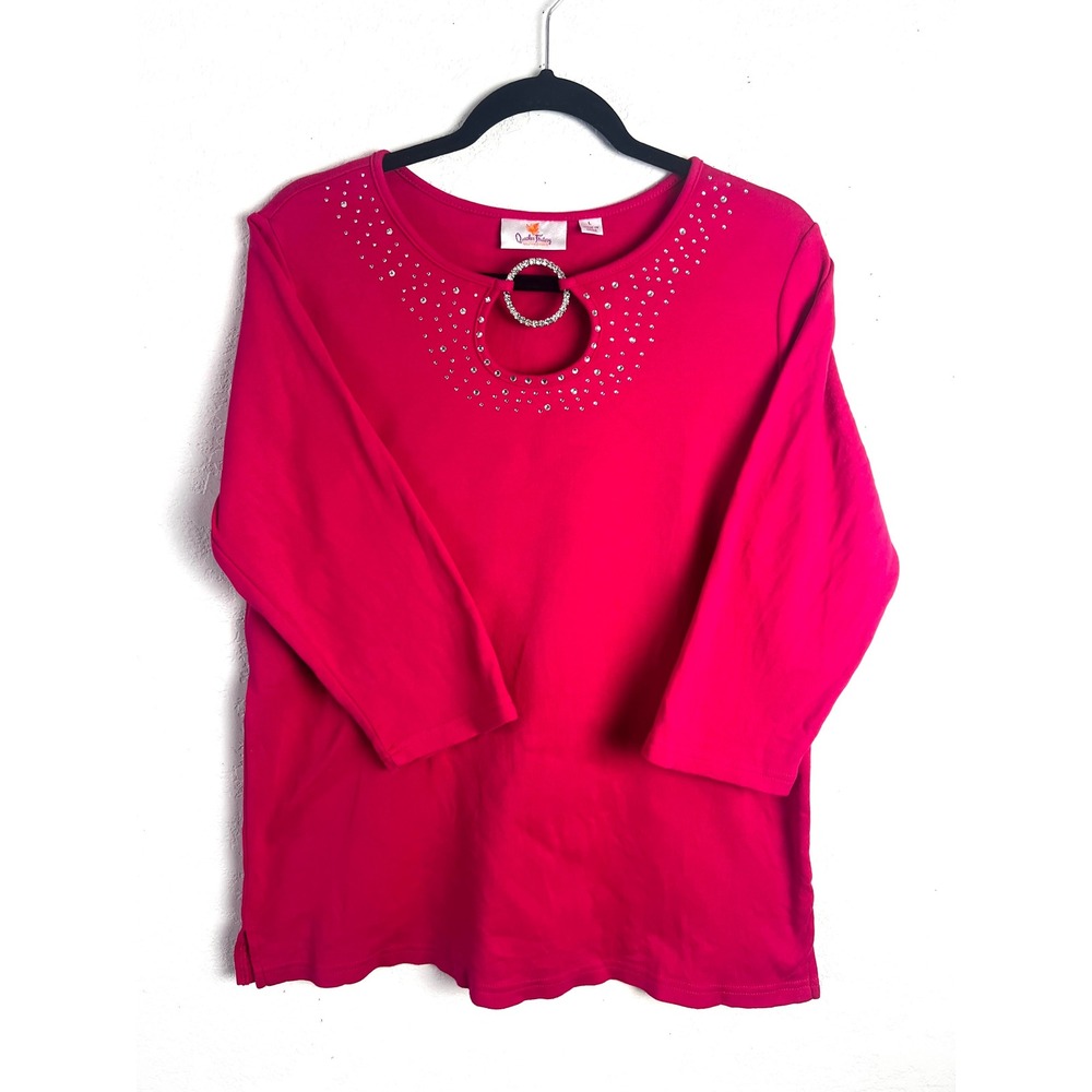 Quacker Factory Pink Rhinestone Embellished Top Shirt Size Large 3/4 Sleeves